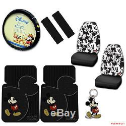 8pcs Mickey Mouse Car Truck Front Seat Covers Floor Mats Steering