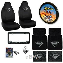 10PC SUPERMAN Silver Logo Car Truck Floor Mats Seat Covers Steering Wheel Cover