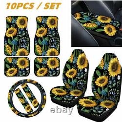 10PCS Sunflower Car Seat Covers+Steering Wheel Cover+Seat Belt& Armrest Pad