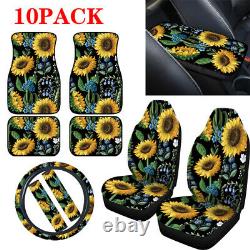 10PCS Sunflower Car Seat Covers+Steering Wheel Cover+Seat Belt& Armrest Pad Set