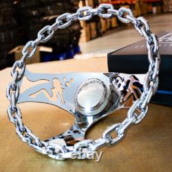 11 Polished Chain Steering Wheel Pin-up Spoke with Engraved Horn Button-3 Hole 11 Polished Chain Steering Wheel Pin-up Spoke with Engraved Horn Button-3 Hole