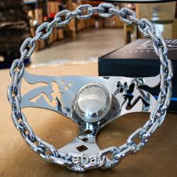 11 Polished Chain Steering Wheel Pin-up Spoke with Engraved Horn Button-3 Hole 11 Polished Chain Steering Wheel Pin-up Spoke with Engraved Horn Button-3 Hole