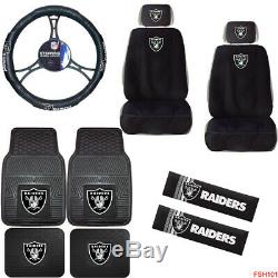 11PC NFL Oakland Raiders Car Truck Seat Covers Floor Mats Steering Wheel Cover