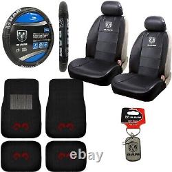 12PC RAM Car Truck Black Carpet Floor Mats Seat Covers Steering Wheel Cover Set