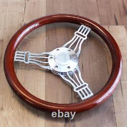 14 3 Spoke Chrome Banjo Wood Steering Wheel, 6 Hole Hot Rod Ford Chevy Truck