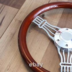 14 3 Spoke Chrome Banjo Wood Steering Wheel, 6 Hole Hot Rod Ford Chevy Truck