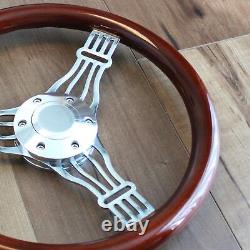 14 3 Spoke Chrome Banjo Wood Steering Wheel, 6 Hole Hot Rod Ford Chevy Truck