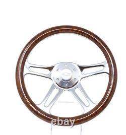 14 4 Spoke Chrome Steering Wheel Burl Wood Grip 6 Hole Chevy Horn Button Muscle