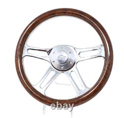 14 4 Spoke Chrome Steering Wheel Burl Wood Grip 6 Hole Chevy Horn Button Muscle