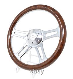 14 4 Spoke Chrome Steering Wheel Burl Wood Grip 6 Hole Chevy Horn Button Muscle