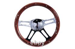 14 6 hole Mahogany Wood Chrome spoke Steering Wheel, Horn button Chevy Ford GMC