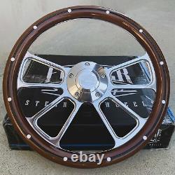 14 Billet 4 Spoke Steering Wheel Mahogany Wood Aluminum Rivets with Horn