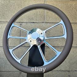 14 Billet 4 Spoke Steering Wheel With Gray Vinyl Half Wrap and Forever Sharp Horn