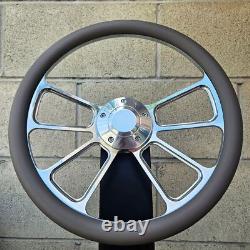 14 Billet 4 Spoke Steering Wheel With Gray Vinyl Half Wrap and Forever Sharp Horn