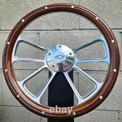14 Billet 4 Spoke Steering Wheel With Mahogany, Aluminum Rivets, and Chevy Horn