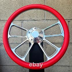 14 Billet 4 Spoke Steering Wheel With Red Vinyl Half Wrap and Forever Sharp Horn