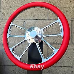 14 Billet 4 Spoke Steering Wheel With Red Vinyl Half Wrap and Forever Sharp Horn