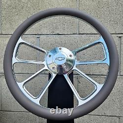 14 Billet 4 Spoke Steering Wheel with Grey Vinyl Wrap and Licensed Chevy Horn