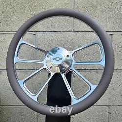 14 Billet 4 Spoke Steering Wheel with Grey Vinyl Wrap and Licensed Chevy Horn