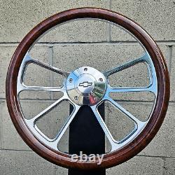 14 Billet 4 Spoke Steering Wheel with Hydro Dipped Burlwood Wrap and Chevy Horn