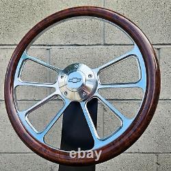 14 Billet 4 Spoke Steering Wheel with Hydro Dipped Burlwood Wrap and Chevy Horn