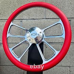 14 Billet 4 Spoke Steering Wheel with Red Vinyl Wrap and Licensed Chevy Horn