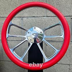 14 Billet 4 Spoke Steering Wheel with Red Vinyl Wrap and Licensed Chevy Horn