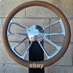 14 Billet 4 Spoke Steering Wheel with Tan Vinyl Wrap and GMC Modern Horn