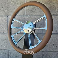 14 Billet 4 Spoke Steering Wheel with Tan Vinyl Wrap and GMC Modern Horn