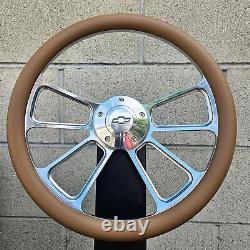 14 Billet 4 Spoke Steering Wheel with Tan Vinyl Wrap and Licensed Chevy Horn