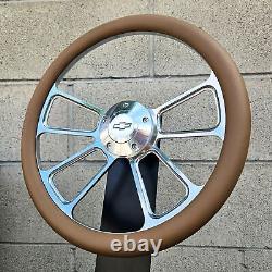 14 Billet 4 Spoke Steering Wheel with Tan Vinyl Wrap and Licensed Chevy Horn