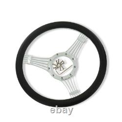 14 Billet Chrome Banjo Style Steering Wheel with Half Wrap BK Leather&Horn Button