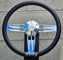 14 Billet Double Barrel Black Vinyl Steering Wheel + Chevy Bowtie Licensed Horn