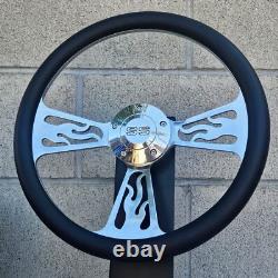 14 Billet Flame Steering Wheel with Black Vinyl Wrap and SS Horn Button