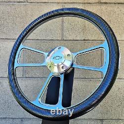 14 Billet Steering Wheel 3 Spoke Carbon Fiber Half Wrap with Chevy Bowtie Horn