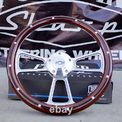14 Billet Steering Wheel + Adapter Chevy 69-94 Mahogany with Rivets, Chevy Horn