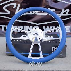 14 Billet Steering Wheel + Adapter for Chevy 69-94 Blue Wrap and Horn Button
