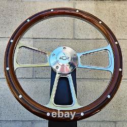 14 Billet Steering Wheel Mahogany Wood Aluminum Rivets Chevy Bowtie Horn