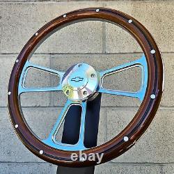 14 Billet Steering Wheel Mahogany Wood Aluminum Rivets Chevy Bowtie Horn