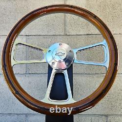 14 Billet Steering Wheel Mahogany Wood Black Rivets Chevy Bowtie Horn