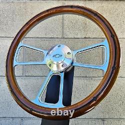 14 Billet Steering Wheel Mahogany Wood Black Rivets Chevy Bowtie Horn