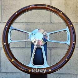 14 Billet Steering Wheel Mahogany Wood Brass Rivets Chevy Muscle C10 Ford Rod