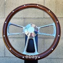 14 Billet Steering Wheel Mahogany Wood Rivets Chevy Muscle C10 Ford Hot Rod