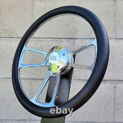 14 Billet Steering Wheel Polished Black Wrap + Retro GMC Logo Horn Button
