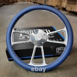 14 Billet Steering Wheel Polished Royal Blue Wrap + Modern GMC Logo Horn Button