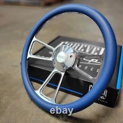 14 Billet Steering Wheel Polished Royal Blue Wrap + Modern GMC Logo Horn Button