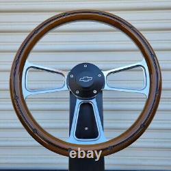 14 Billet Steering Wheel Real Wood Black Rivets Licensed Chevy Bowtie Horn