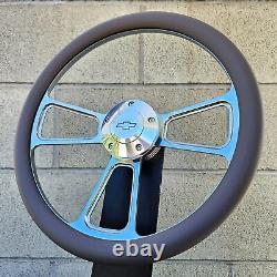 14 Billet Steering Wheel Tri Spoke Gray Half Wrap + Chevy Horn Button Licensed