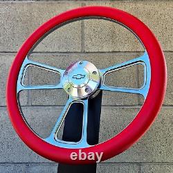 14 Billet Steering Wheel Tri Spoke Red Half Wrap + Chevy Horn Button Licensed