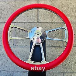 14 Billet Steering Wheel Tri Spoke Red Half Wrap + Chevy Horn Button Licensed